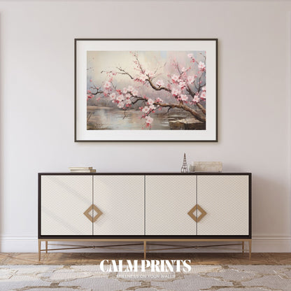 Art of a cherry tree in bloom reflecting over a peaceful riverbank
