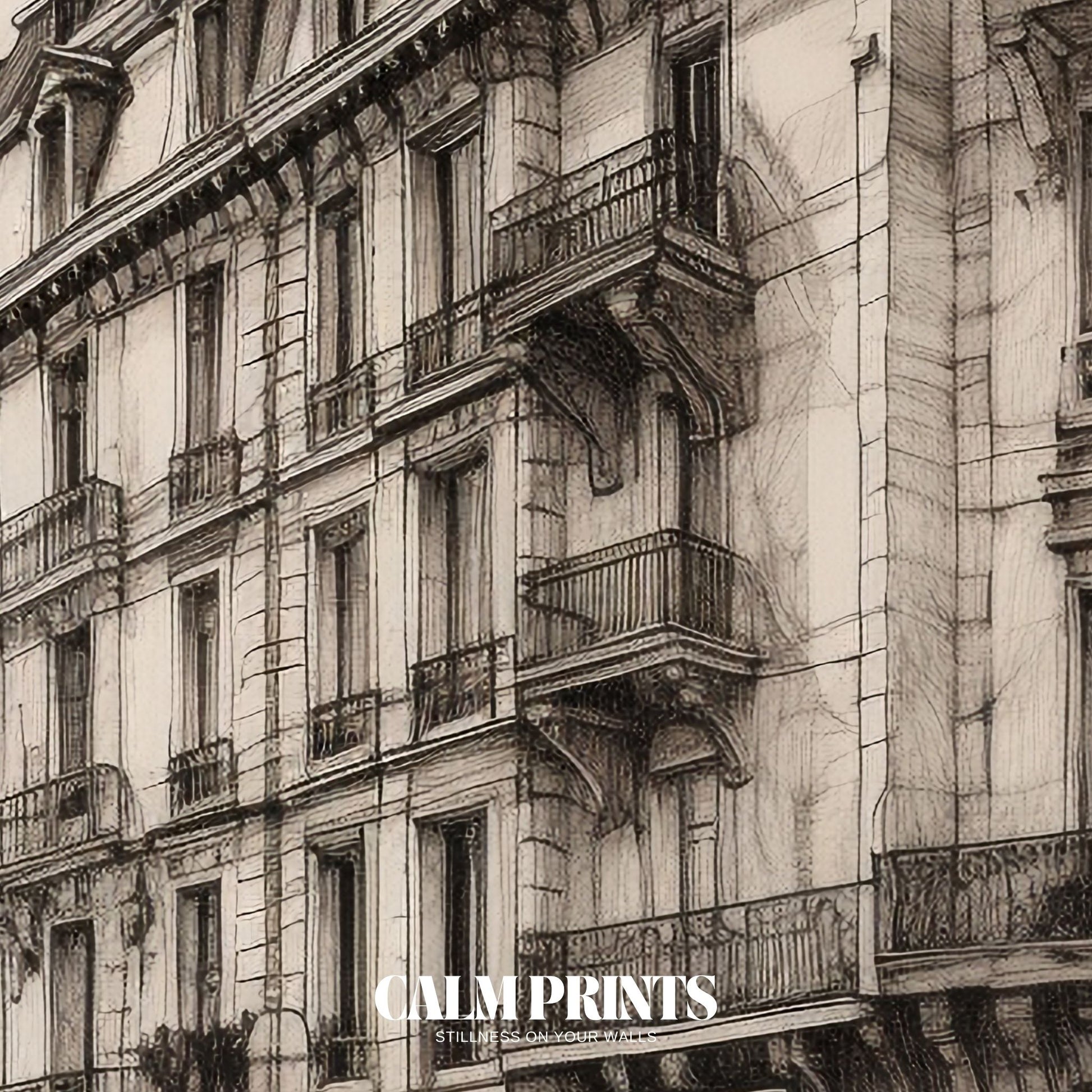 Chic sketch print of a stylish Parisian street with historic charm
