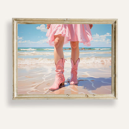 Chic summer stroll along a pink-tinged beach under soft golden light

