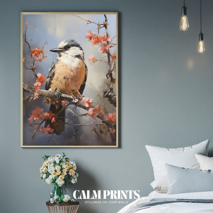 Little bird chirping from a blooming tree filled with soft petals