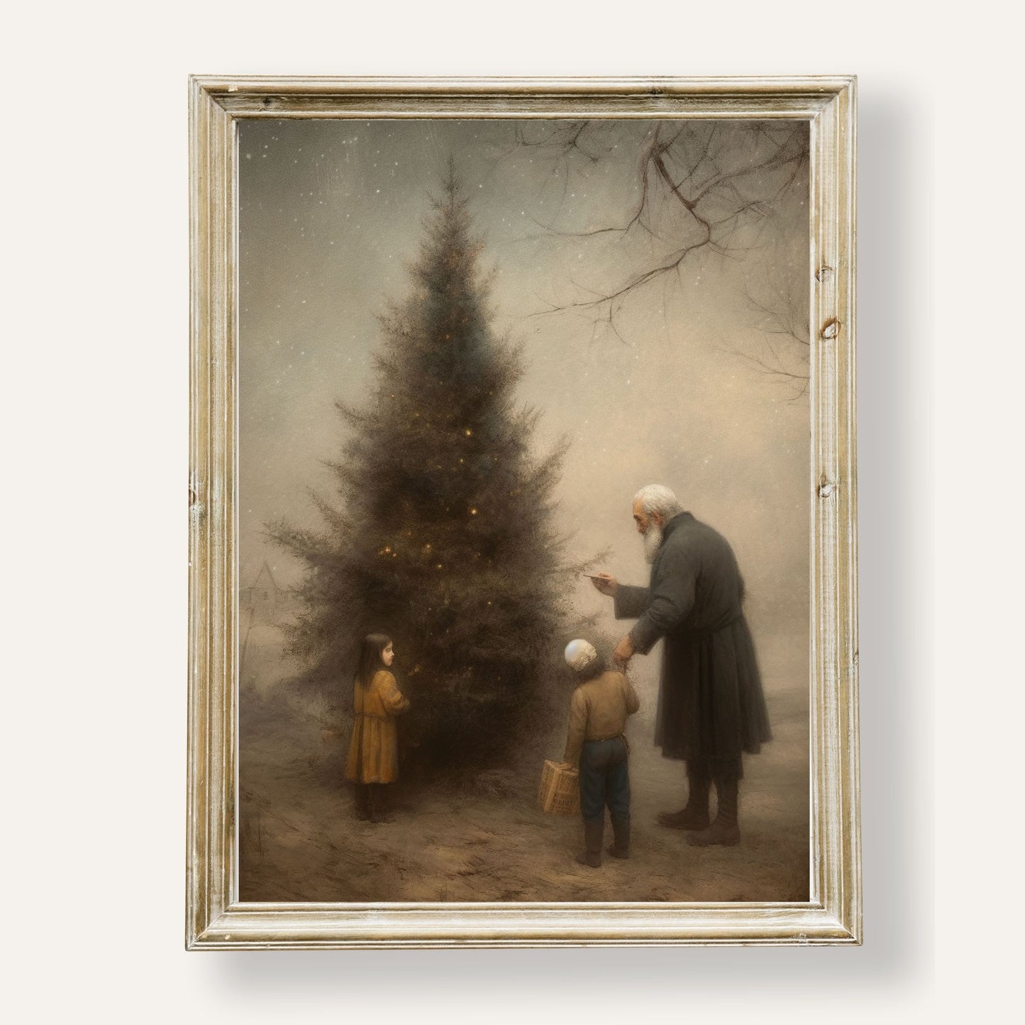Cosy winter scene of a family trimming the Christmas tree in snowy surroundings
