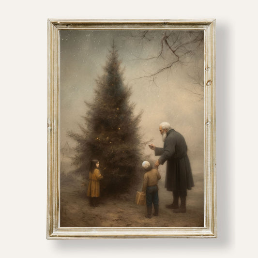 Cosy winter scene of a family trimming the Christmas tree in snowy surroundings
