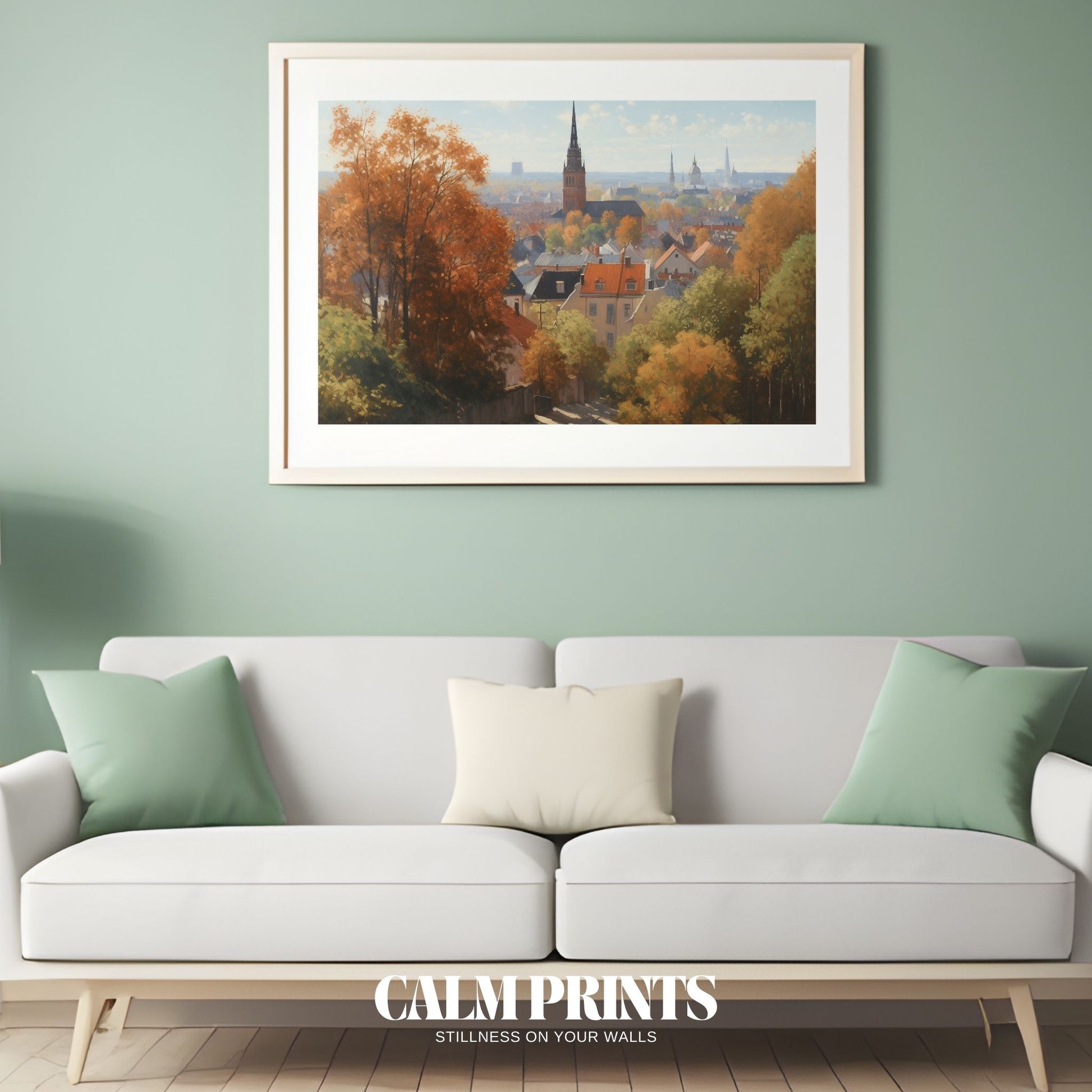 City skyline glowing with autumn hues and seasonal charm

