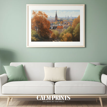 City skyline glowing with autumn hues and seasonal charm

