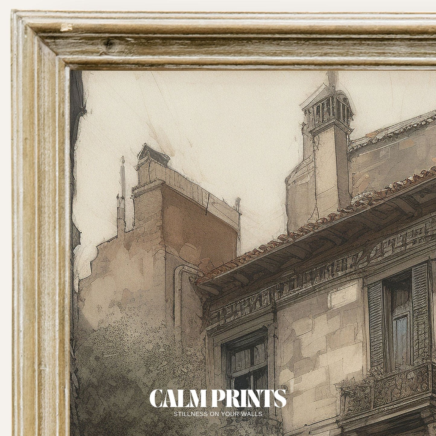 Art print of a city street illustrated in a delicate and expressive sketch
