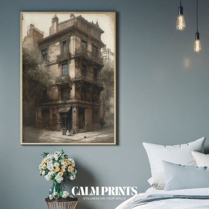 Illustration of a charming cityscape captured in hand-drawn sketch form
