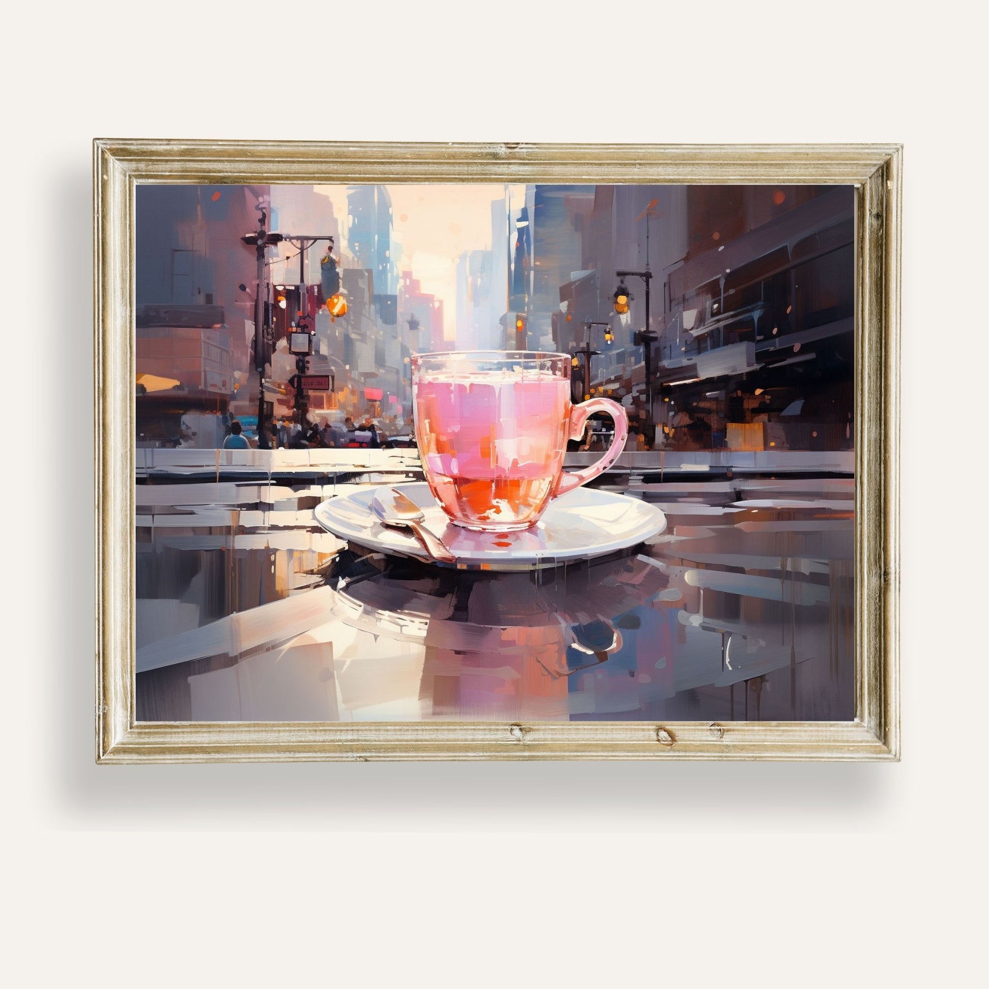 Whimsical reflection of a cityscape in a warm, steaming cup of tea
