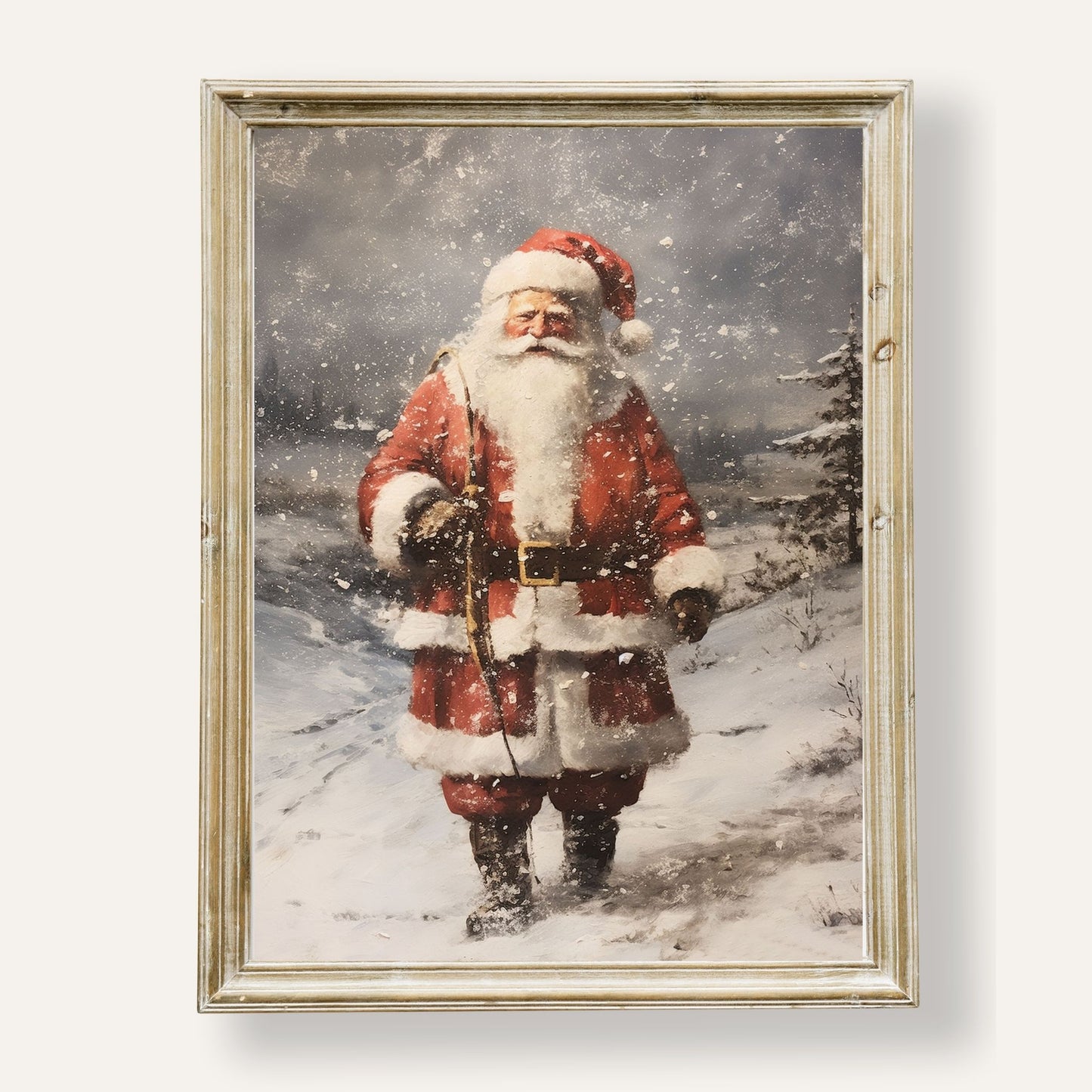 Classic Santa Claus walking through a snowy winter wonderland with a sack of gifts
