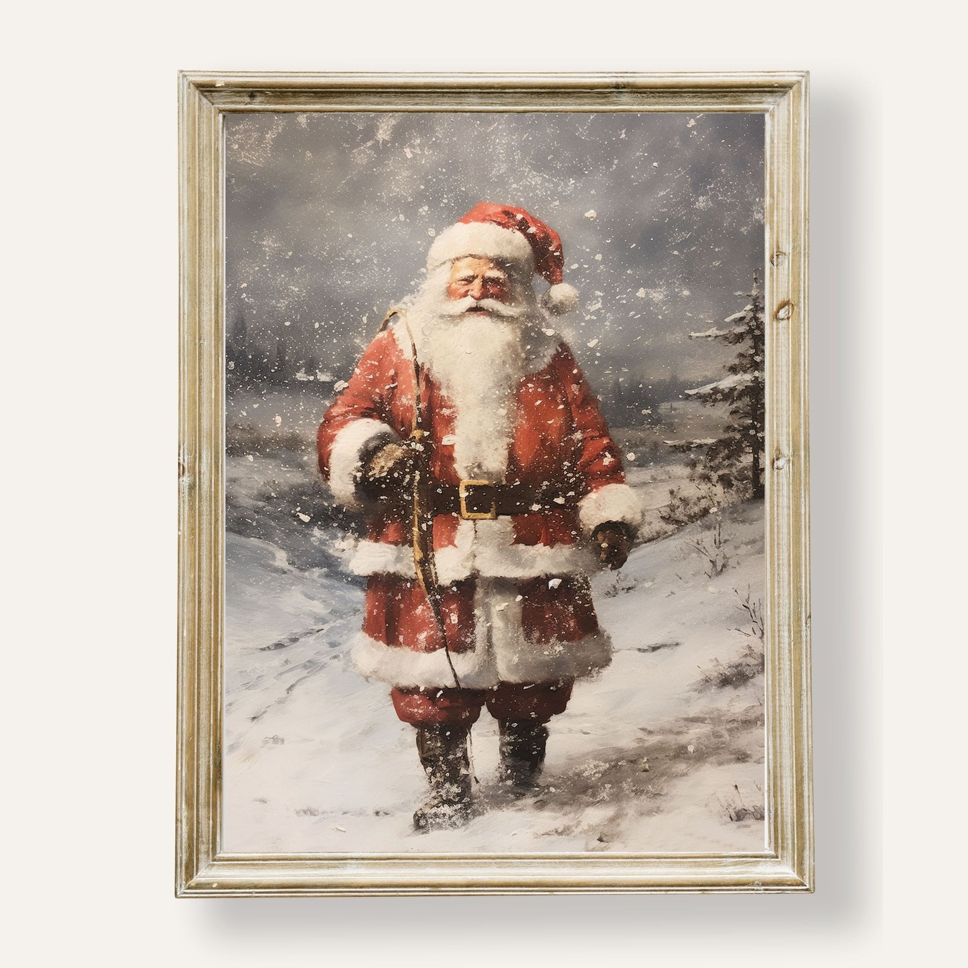 Classic Santa Claus walking through a snowy winter wonderland with a sack of gifts
