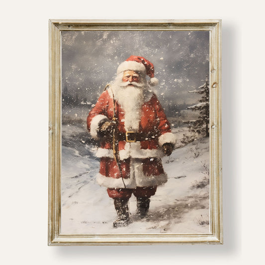 Classic Santa Claus walking through a snowy winter wonderland with a sack of gifts

