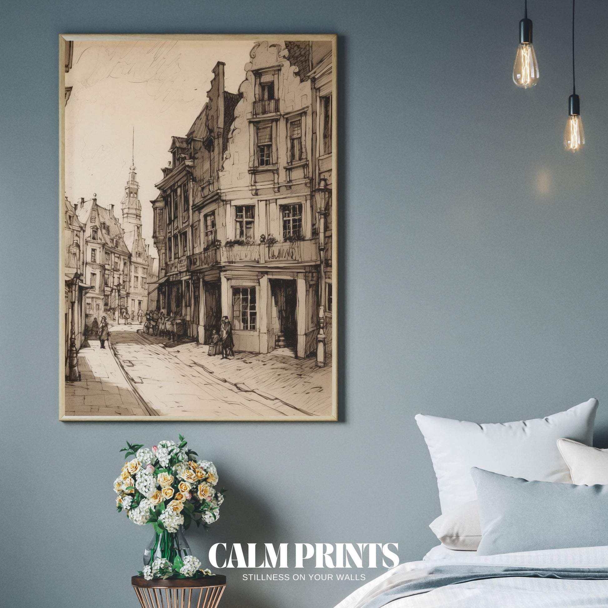 Poster of a classic town lane with detailed period architecture
