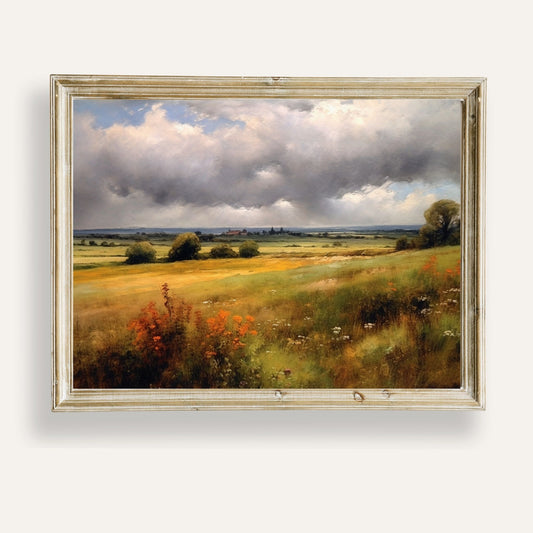 Soft clouds drifting above peaceful open fields under a gentle sky
