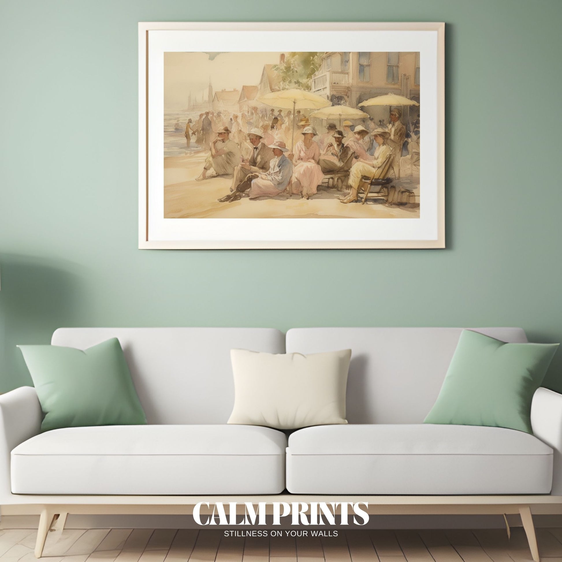 Coastal art print with golden afternoon light over the peaceful sea