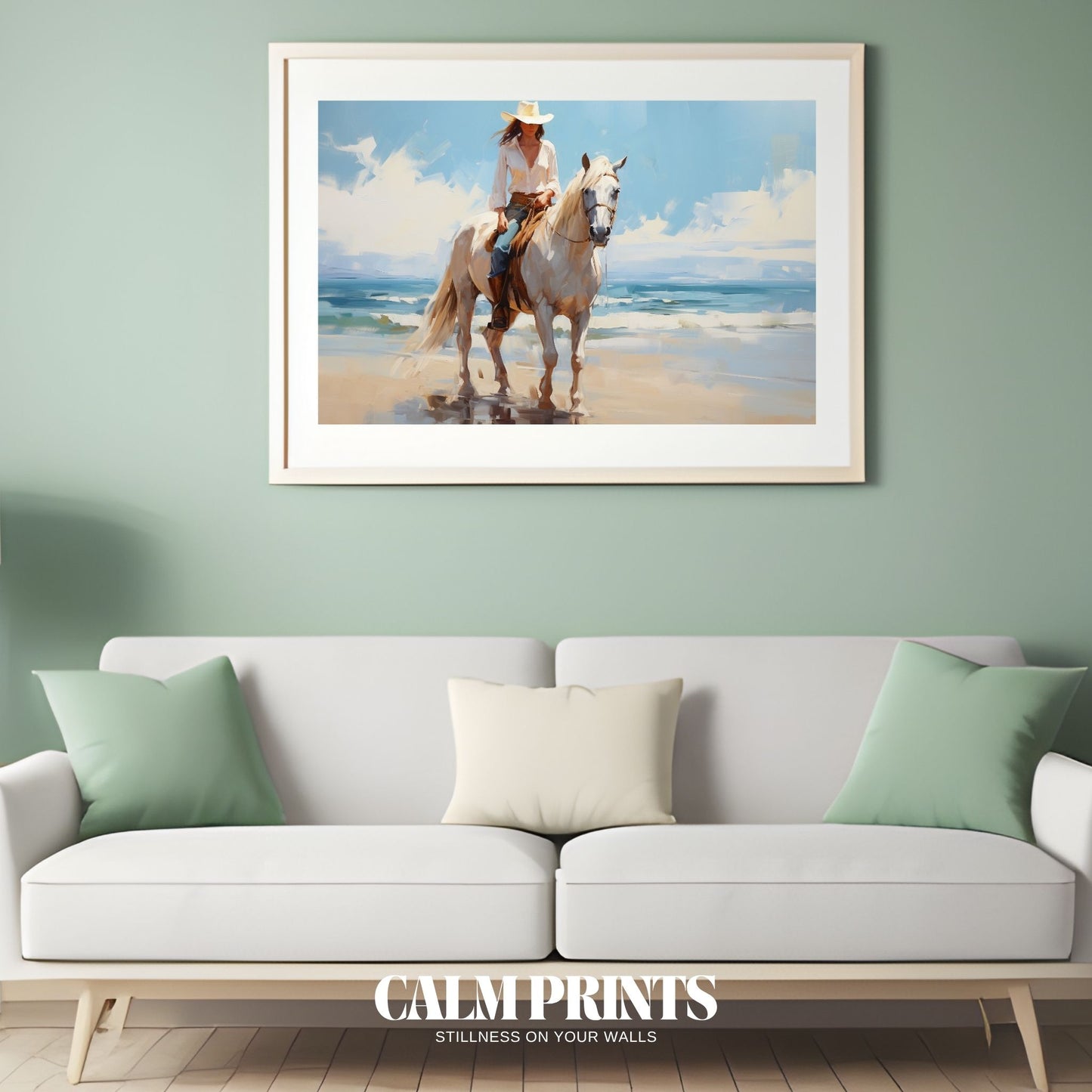 Poster of a cowgirl riding along the coast with wind-swept hair and calm water
