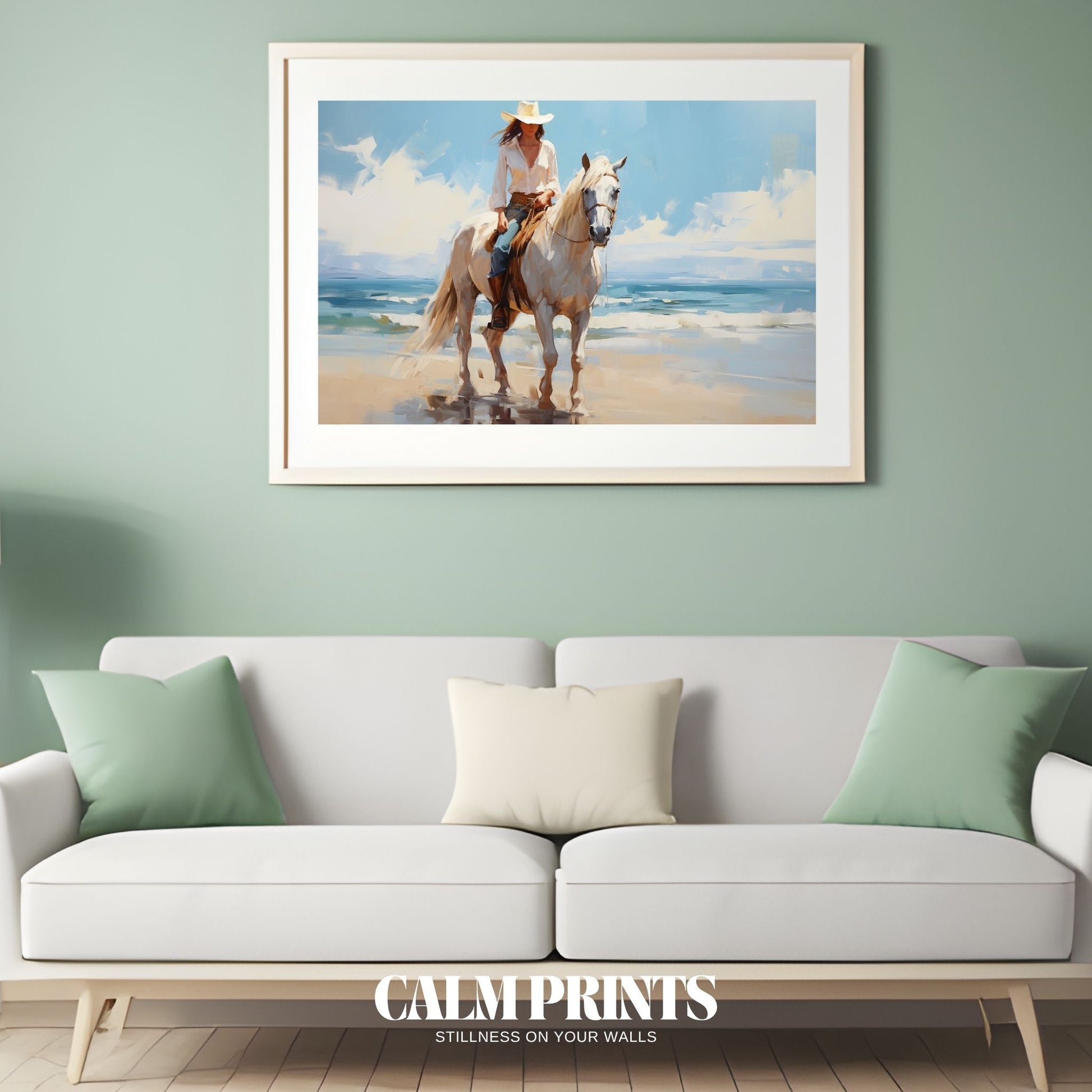 Poster of a cowgirl riding along the coast with wind-swept hair and calm water
