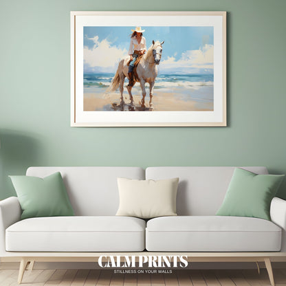 Poster of a cowgirl riding along the coast with wind-swept hair and calm water
