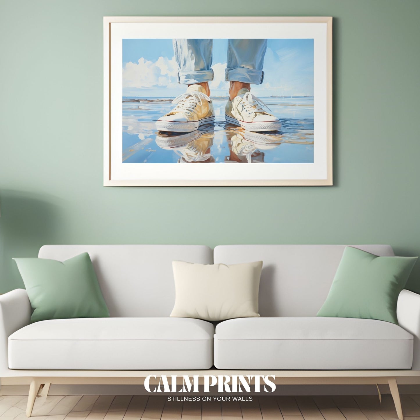 Art capturing summer vibes with sneakers on a soft, reflective beach
