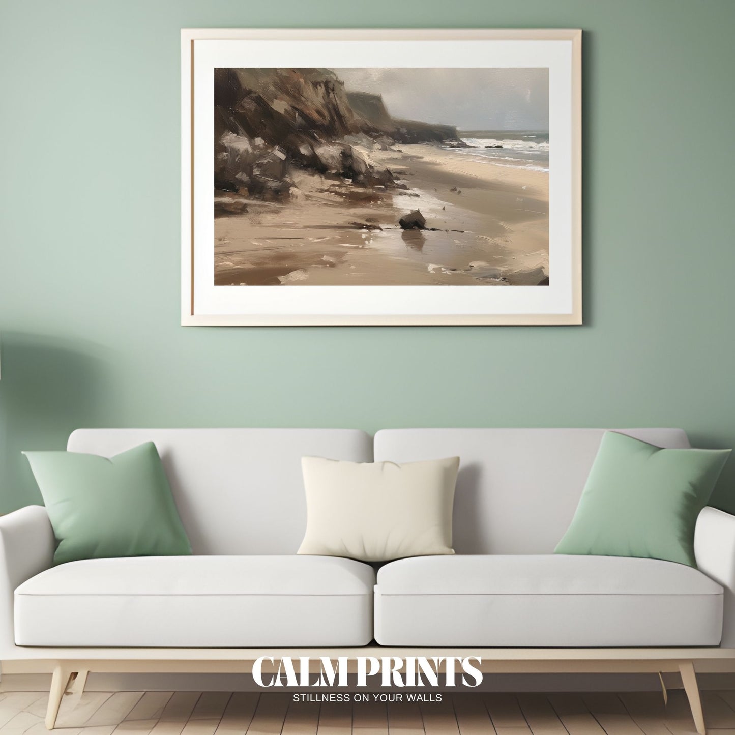 Tranquil coastal horizon stretching quietly under a soft blue sky
