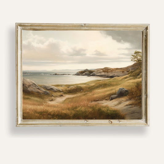 Coastal landscape painting with a serene shoreline and gentle sea breeze
