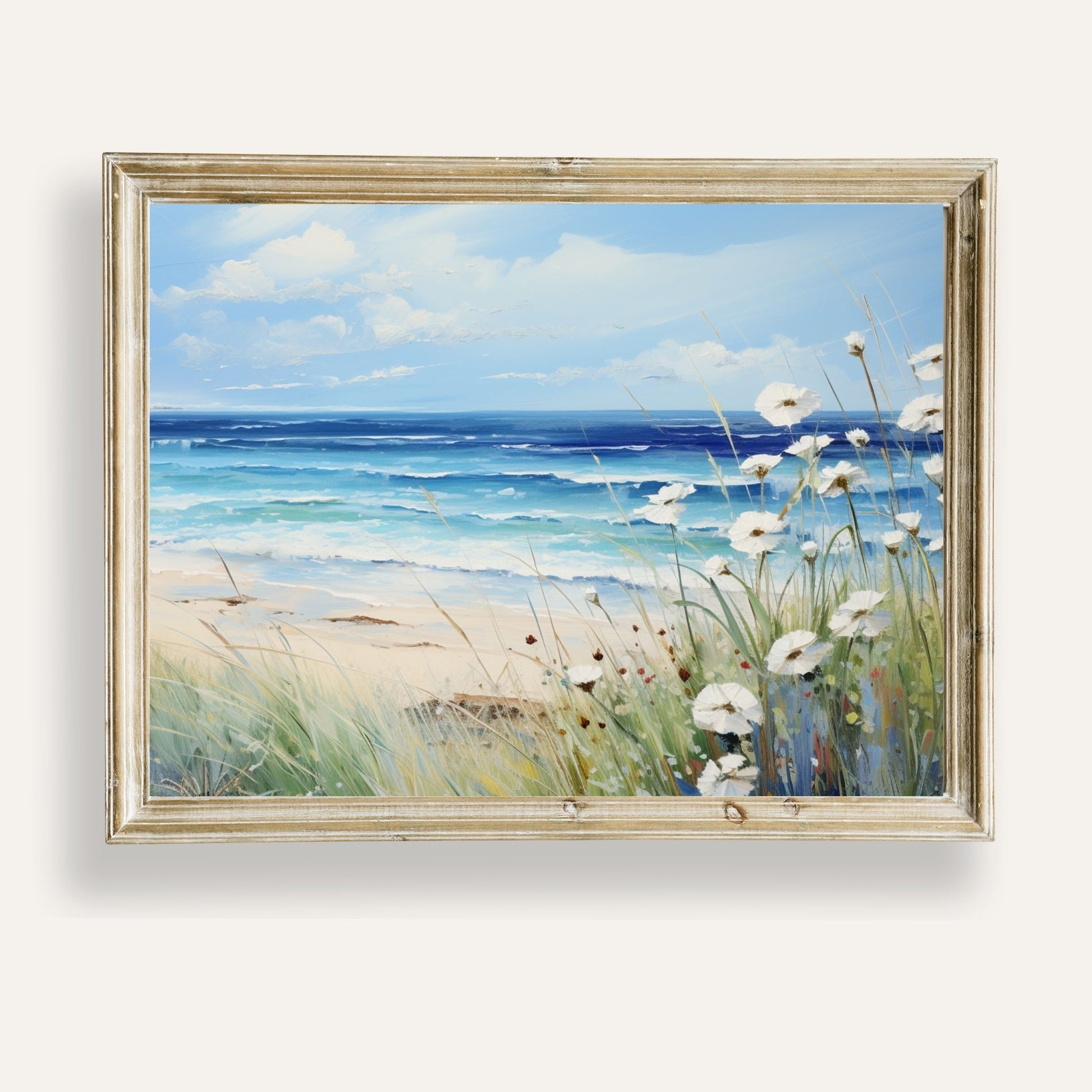 Coastal paradise with delicate white flowers blooming beside the ocean

