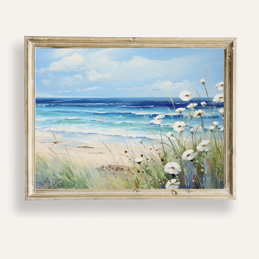 Coastal paradise with delicate white flowers blooming beside the ocean
