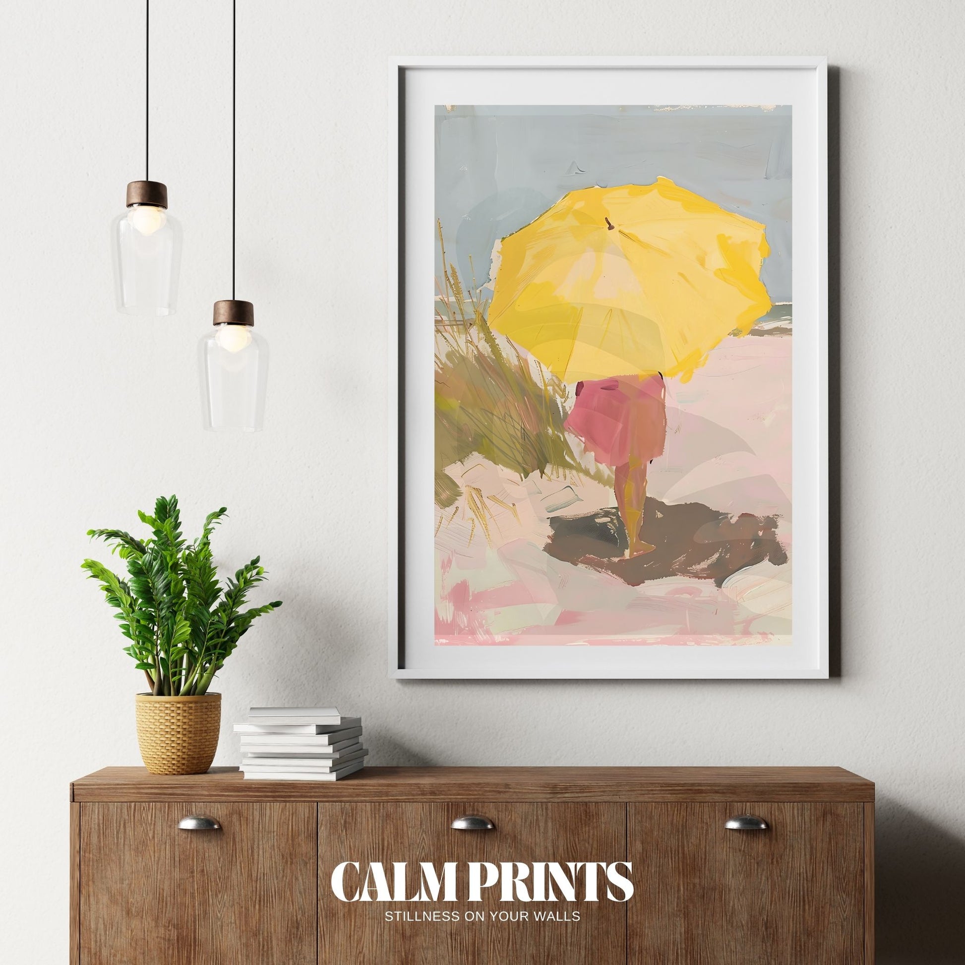 Coastal stroll with golden sunlight and a striking yellow umbrella