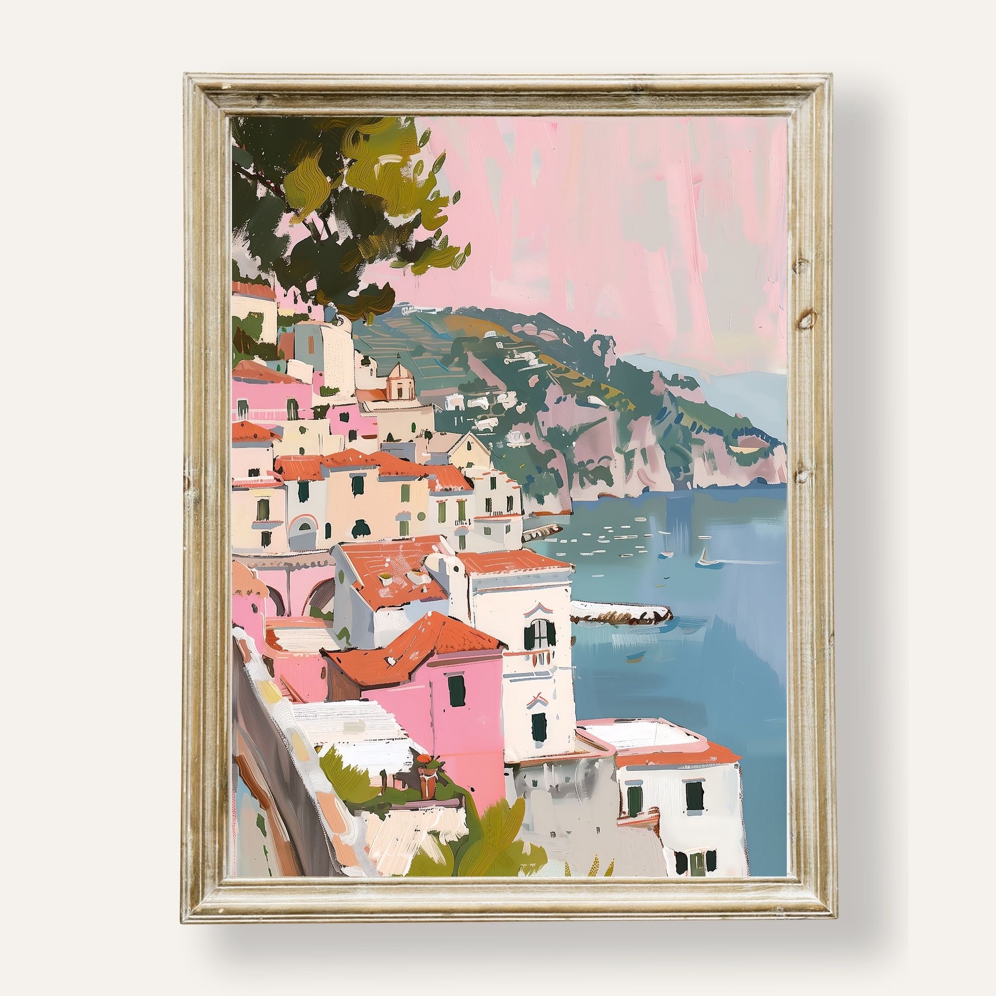 Peaceful coastal village with soft skies and gentle waves lapping at the shore
