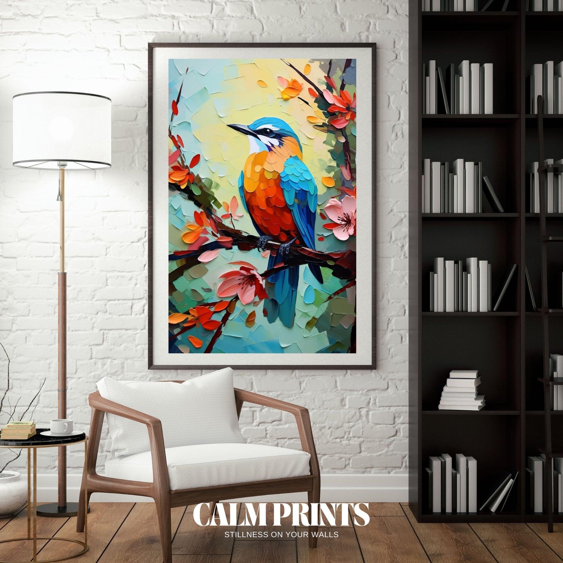Colourful bird nestled among floral blooms in a soft and tranquil setting
