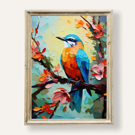 Vibrant bird perched on delicate spring blossoms in a peaceful nature scene