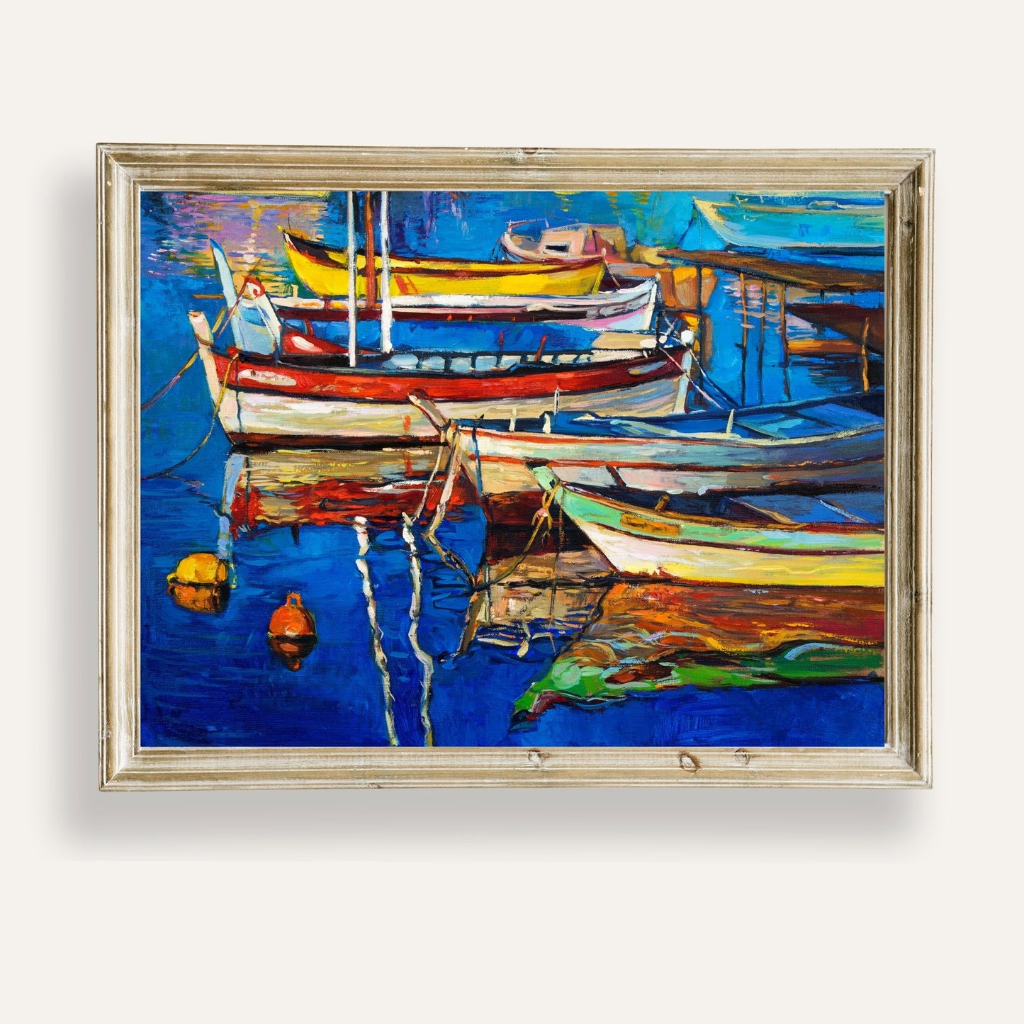 Colourful boats resting peacefully on still water in a tranquil harbour scene
