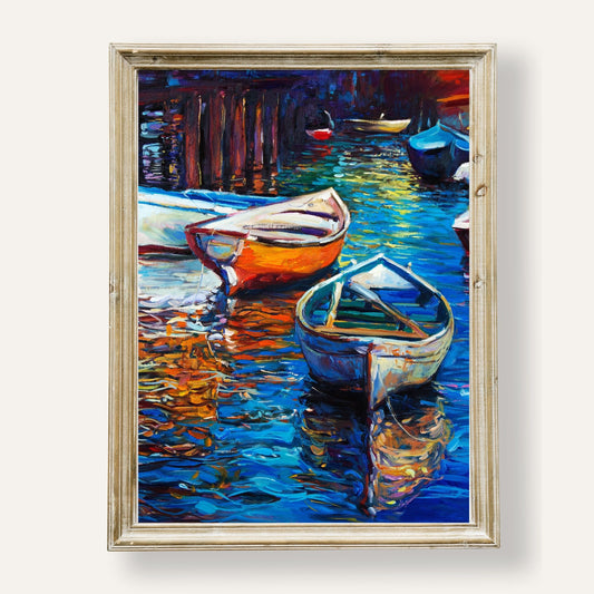 Colourful boats gently moored at a dock glowing in the soft light of sunset
