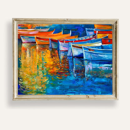 Colourful boats reflected on calm water in a peaceful harbour scene
