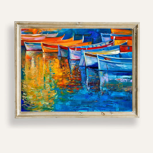 Colourful boats reflected on calm water in a peaceful harbour scene
