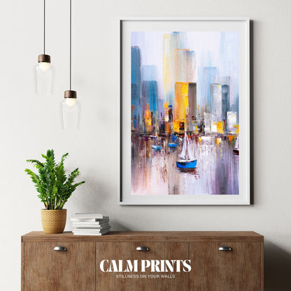 Poster of colourful abstract cityscape with moored boats