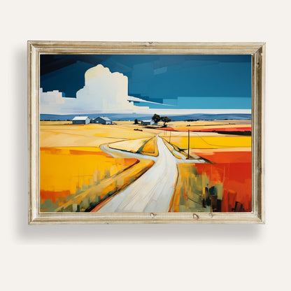 Vibrant countryside landscape with rolling hills, wildflowers, and open skies
