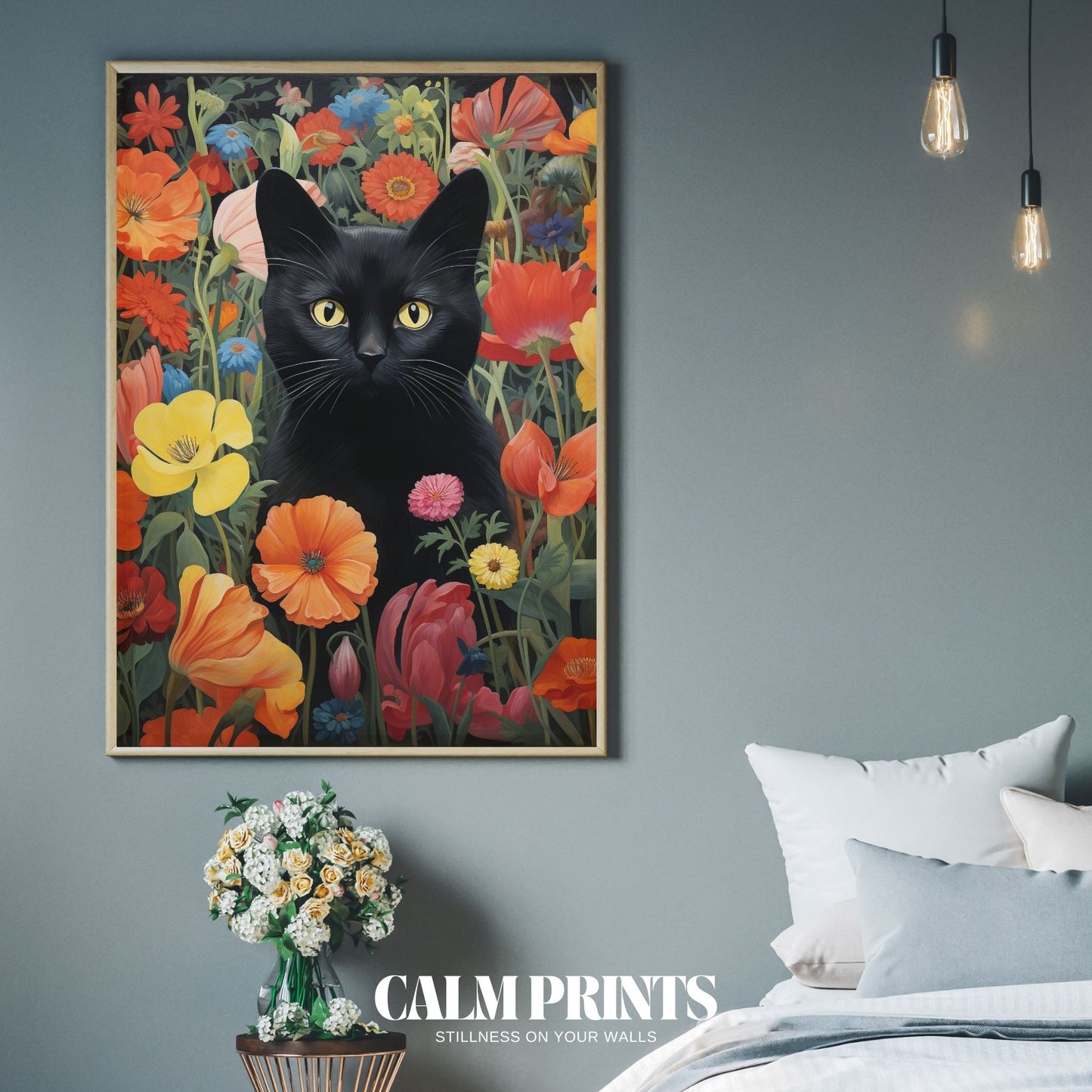 Wall art of a black cat exploring a garden filled with bold flowers