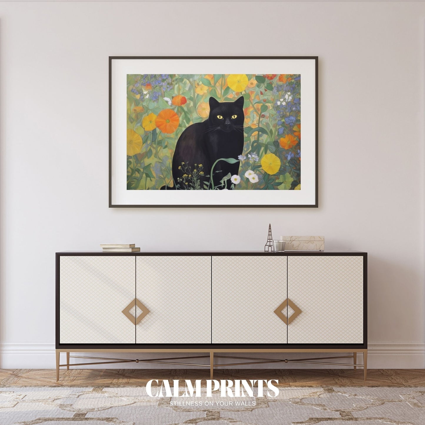 Art of a curious black cat wandering through a colourful flower garden