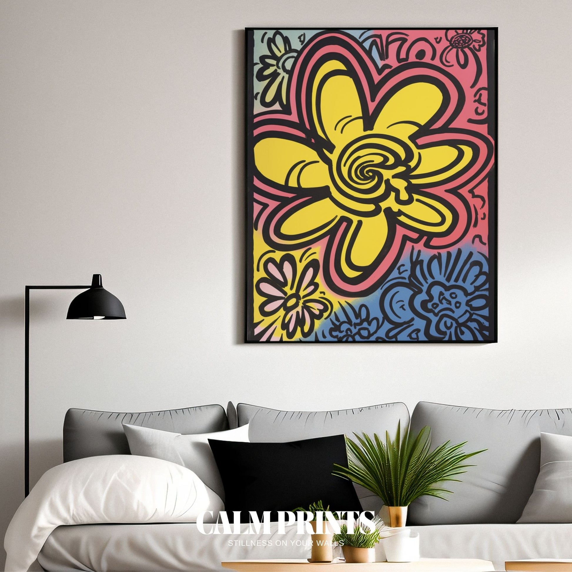 Colourful flower illustration with bold lines and pop art flair
