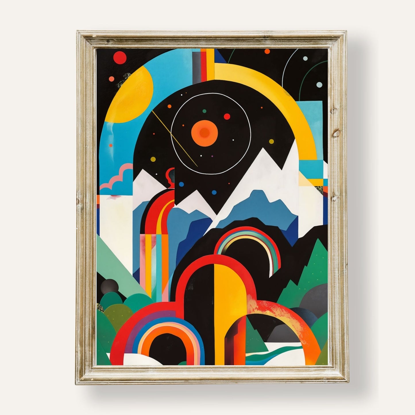 Bold geometric landscape in vibrant colours and layered abstract shapes
