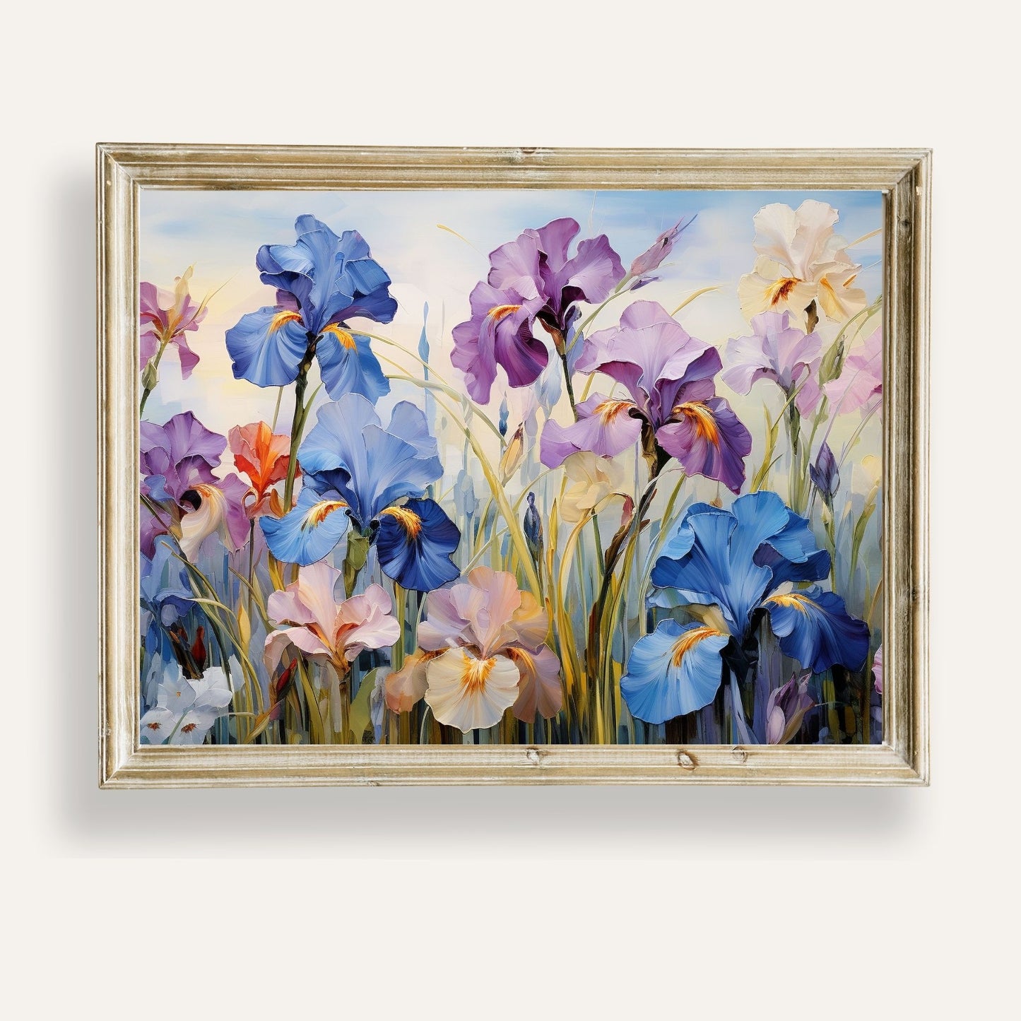 Vibrant meadow filled with blooming irises in a spectrum of lively colours
