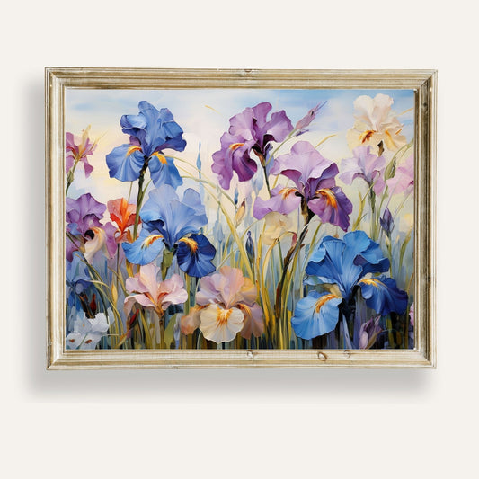 Vibrant meadow filled with blooming irises in a spectrum of lively colours
