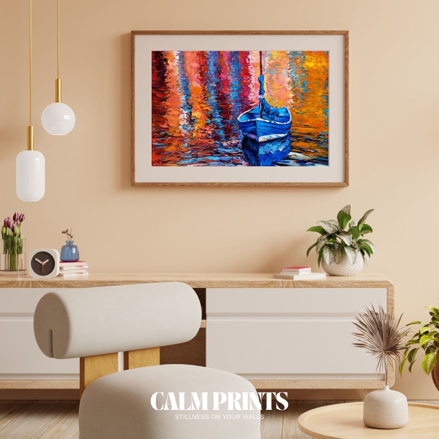 Artwork of a colourful sky mirrored beautifully on calm water
