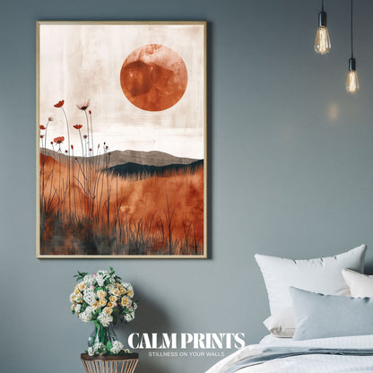 Contemporary abstract poster with warm red sun and soft horizon