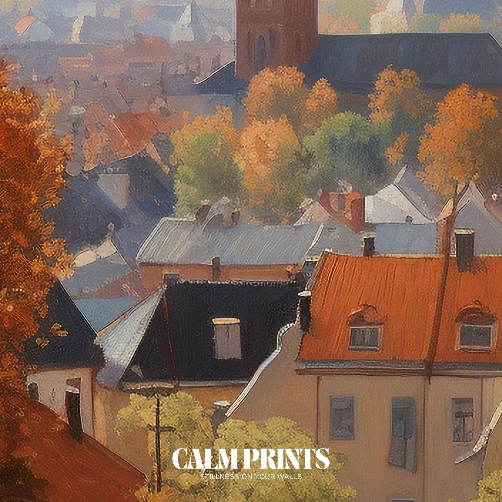 Cosy buildings and trees blend together in a serene autumn city scene
