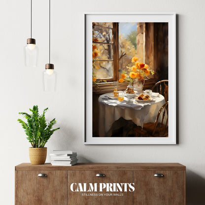 A cosy morning scene with breakfast and soft autumn colours