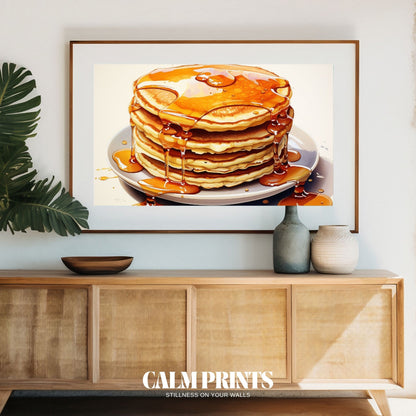 Artwork of a cosy brunch moment with a pancake stack and rich syrup
