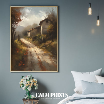 Print of a cosy cabin at the end of a tree-lined autumn walkway

