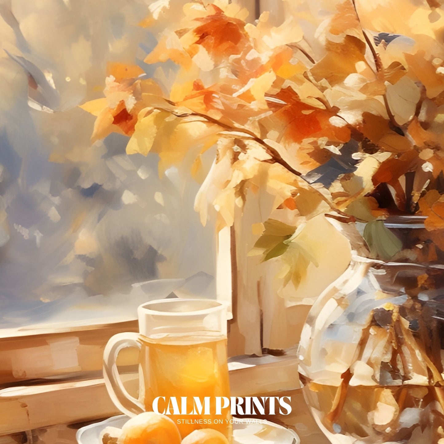 Poster of a cosy chair, open book, and falling orange leaves outside the window
