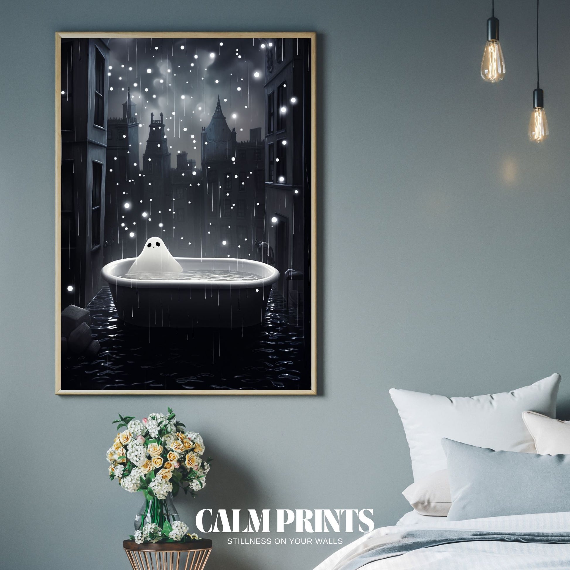 Cosy ghost bath scene with soft rain falling from a cloudy sky
