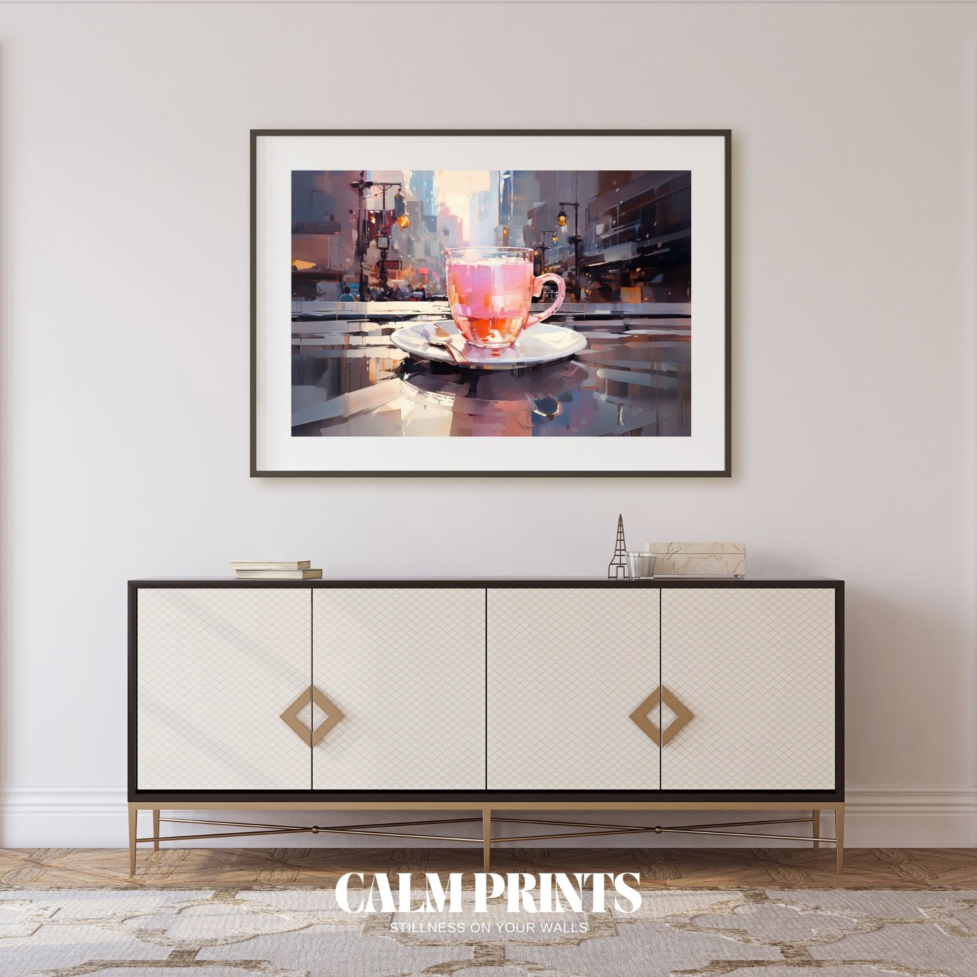 Cosy moment where a quiet cityscape is reflected in calming tea
